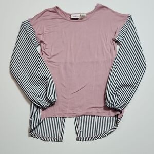 Girls Daytrip Size Small Pink Striped Sleeve High-Low Blouse – Split Back,